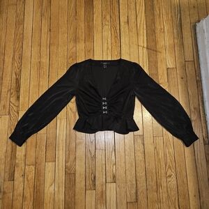 Forever 21 Black Ruffled Hem Low Cut V Beck Cropped Blouse